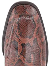 Bota baja de cuero con grabado snake en tonos marrones y negros, punta cuadrada, elásticos laterales y taco bajo de madera.