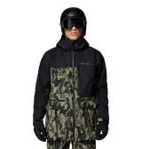 Campera de esquí Columbia Coreshot Printed Jkt, impermeable y transpirable con tecnología Omni-Tech. Diseño combinado en negro en la parte superior y estampado camuflado en tonos verdes en la parte inferior, con múltiples bolsillos con solapa y capucha ajustable compatible con casco.