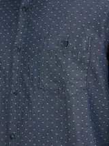 Camisa de manga larga azul con pequeños lunares blancos, cuello clásico y bolsillo en el pecho.