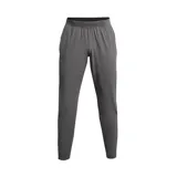 Pantalón de running gris con tecnología UA Storm que repele el agua, tejido elástico y resistente al viento. Cuenta con cintura de punto suave con cordón interior, bolsillos laterales y cremalleras en los tobillos.