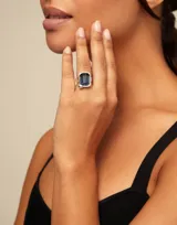 Anillo plateado con un cristal facetado rectangular de color azul oscuro. El diseño está inspirado en un clavo.