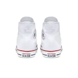 Championes de lona botita Converse Chuck Taylor All Star en color blanco, con suela de goma blanca con líneas negras y rojas, puntera de goma y parche clásico con estrella en el lateral.