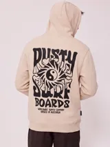 Canguro con capucha de color beige con gran estampado negro en la espalda con diseño gráfico psicodélico, símbolo de Yin Yang y la inscripción "Dusty Surfboards".