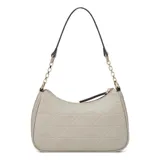 Cartera Guess modelo Celestia, de color gris, confeccionada en material sintético con textura geométrica en relieve y logo de la marca estampado. Cuenta con cierre superior, herrajes dorados, detalle de hebilla con el nombre de la marca al frente y correa ajustable para llevar al hombro o cruzada.