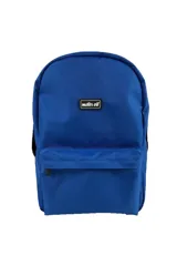 Mochila azul con bolsillo frontal y logo de Motor Oil en etiqueta cosida.