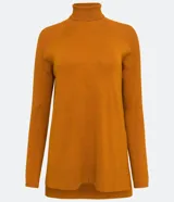Blusa de punto color naranja, de viscosa de manga larga, cuello alto y detalles acanalados en la manga.