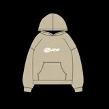 Canguro beige con capucha, bolsillo tipo canguro y logo de la marca en el pecho.