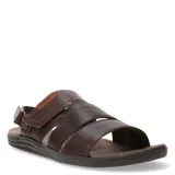 Sandalias de cuero graso color marrón con tiras anchas, ajuste de velcro en el talón y suela de goma antideslizante.