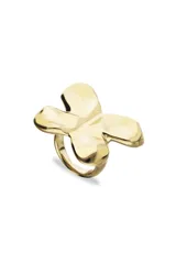 Anillo de aleación de metales con baño de oro 18k, diseñado con una forma abstracta y voluminosa de mariposa con acabado pulido brillante.