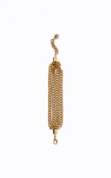 Pulsera de diseño ancho compuesta por múltiples cadenas delgadas entrelazadas, con acabado pulido y cierre de mosquetón con eslabones de ajuste.