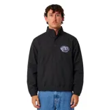 Campera anorak negra de sarga de algodón, con cuello alto, cierre frontal parcial con botones a presión y bolsillo tipo canguro. Presenta el logo de Critical Slide estampado en el pecho.