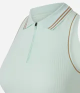 Top deportivo Get Over de microfibra seamless con textura acanalada, color verde menta, cuello polo con cierre frontal y detalles de líneas finas en el cuello.