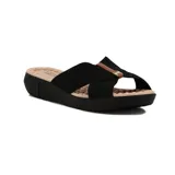 Sandalia Modare con plataforma baja, color negro, con tiras cruzadas de elástico y detalle marrón.