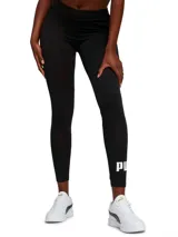Calza deportiva Puma Ess Logo Leggings de color negro, con tiro alto y el logo de la marca estampado en blanco en la pantorrilla.