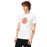 Remera blanca de manga corta con estampado circular en el pecho con el logo de Element y las palabras 'Fire, Earth, Wind, Water'.