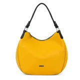 Cartera tipo hobo de David Jones en color amarillo, con detalles y asa de hombro en color negro. Cuenta con cierre superior y placa metálica con el logo de la marca en el frente.