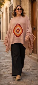 Poncho rojo de tejido artesanal con aplique central de crochet en forma de mandala con tonos amarillos, blancos y rojos. Presenta terminación con flecos en los laterales y diseño holgado.