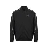 Campera deportiva Nike Jordan color negro, con cierre frontal completo, cuello tipo bomber y detalles de líneas blancas en los hombros. Presenta el logo Jumpman bordado en el pecho.