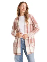 Cardigan abierto de tejido soft con estampado a cuadros, manga larga y bolsillos frontales aplicados.