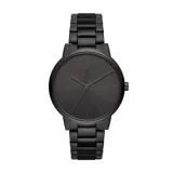 Reloj de pulsera Armani Exchange modelo Cayde, con caja y malla de acero inoxidable en color negro. Presenta una esfera minimalista del mismo tono con el logo de la marca en la parte superior.