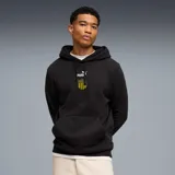 Hoodie negro de algodón con capucha y cordones ajustables. Presenta el logo de Puma y el escudo del Club Atlético Peñarol estampados en el centro del pecho, junto con un bolsillo tipo canguro frontal.