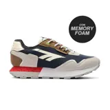 Championes Hi-Tec Blair de estilo deportivo casual, con capellada azul marino, detalles en beige, marrón y rojo, y suela blanca con detalles en gris. Incluyen tecnología Memory Foam para mayor comodidad.