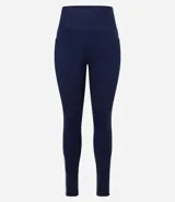 Calza legging deportiva azul marino de microfibra, con cintura ancha, bolsillos laterales y recorte en el bajo.