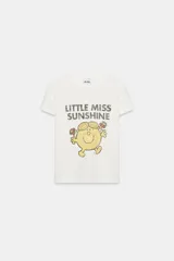 Camiseta de algodón flamé color blanco, de corte regular con cuello redondo y manga corta. Presenta un estampado frontal con texto y gráfico del personaje Little Miss Sunshine.