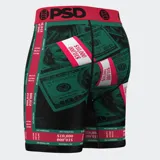Calzoncillos bóxer de hombre PSD con estampado de billetes de 100 dólares y fajos de billetes de 10.000 dólares. Cintura elástica roja con logo PSD.