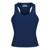 Musculosa deportiva azul marino de corte ajustado, con diseño estilo nadadora y sujetador incorporado.