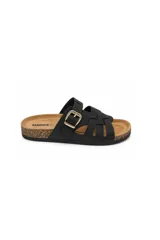 Sandalias Paddock Zulen de color negro, con diseño de tiras cruzadas y hebilla metálica dorada lateral. Poseen una plantilla anatómica con efecto corcho y suela plana.