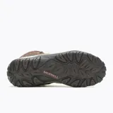 Bota de trekking Merrell modelo Crosslander 3 Mid WP, color marrón con detalles en negro y rosa. Diseño de caña media con membrana impermeable, puntera protectora, entresuela de espuma EVA y suela de goma con tracción.