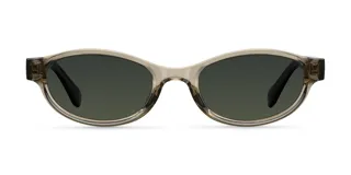 Lentes de sol con montura ovalada de color beige traslúcido y cristales polarizados en tono verde oscuro.