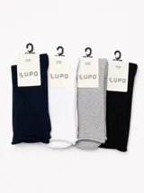 Pack de cuatro pares de medias de algodón, diseño clásico sin puño, en colores azul marino, blanco, gris melange y negro.