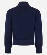 Campera azul marino de algodón con forro de polar, cierre frontal con cremallera, cuello alto y puños elásticos. Estampa con la palabra "Phoenix" en el pecho.