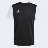 Remera deportiva Adidas Estro 19, color negro con mangas blancas. Cuello redondo y corte clásico, confeccionada en tejido de punto doble con tecnología Climalite absorbente.