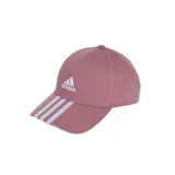 Gorra de béisbol Adidas color rosado, confeccionada en sarga de algodón. Presenta visera precurvada, tres franjas blancas en el frente y el logo de Adidas bordado en blanco.