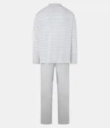 Conjunto de pijama largo gris con rayas horizontales blancas, compuesto por una remera de manga larga con cuello en V y un pantalón recto con cintura elástica.
