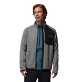 Campera técnica de polar Columbia Titanium, color gris con textura microperforada y panel frontal superior en negro. Cuenta con cierre frontal completo, cuello alto, bolsillo en el pecho con cierre, mangas largas con orificios para pulgares y ribetes elásticos en puños y dobladillo.