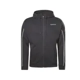 Campera Reebok de hombre color negro, con capucha y cierre frontal. Tiene bolsillos laterales y detalles de ribetes blancos en las mangas.