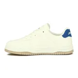 Zapatillas urbanas acordonadas color blanco con detalles en azul, suela con plataforma.