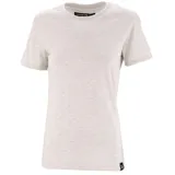 Remera gris melange de corte clásico, con cuello redondo y mangas cortas.