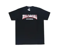 Remera negra de manga corta con el logo de Thrasher Magazine estampado en el pecho en color blanco con borde rojo.