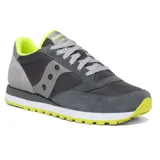 Championes Saucony Jazz Original, color gris oscuro con detalles en gris claro y amarillo flúor.