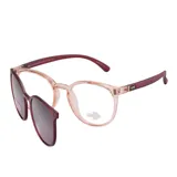 Lentes MDQ modelo Anut con armazón redondo translúcido color rosado y clip-on solar desmontable en tono bordo.