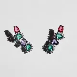 Par de aros color plata negra con cristales engarzados Cubic Zirconia de color celeste, rosa y violeta.