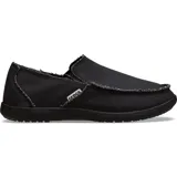 Mocasín tipo slip-on Crocs modelo Santa Cruz, confeccionado en lona negra con bordes deshilachados y suela de material Croslite™.