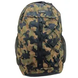 Mochila Converse modelo Transition con estampado camuflado en tonos verdes, marrones y negros. Cuenta con un compartimento principal con cierre, bolsillo frontal vertical con cierre, cordón elástico frontal tipo bungee y bolsillos laterales de malla.