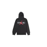 Hoodie negro de felpa con capucha y bolsillo tipo canguro, de la colaboración Supreme x Jordan. Presenta un gran estampado en la espalda con el logotipo Jumpman en rojo superpuesto sobre la inscripción "SUPREME" en blanco.