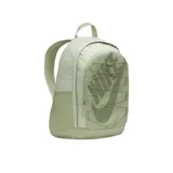 Mochila Nike Hayward negra con estampado abstracto en gris y logo en verde claro. Cuenta con funda para laptop, bolsillos pequeños, elástico frontal y correas acolchadas ajustables.